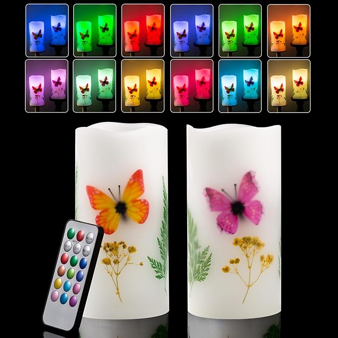 Flameless Candle with Remote Control, Battery Operated LED Candle Color Changing Electric Candles, with Flickering Timer Dimmer Feature, Christmas Home Decorations, 3 x 6 inches, Set of 2
