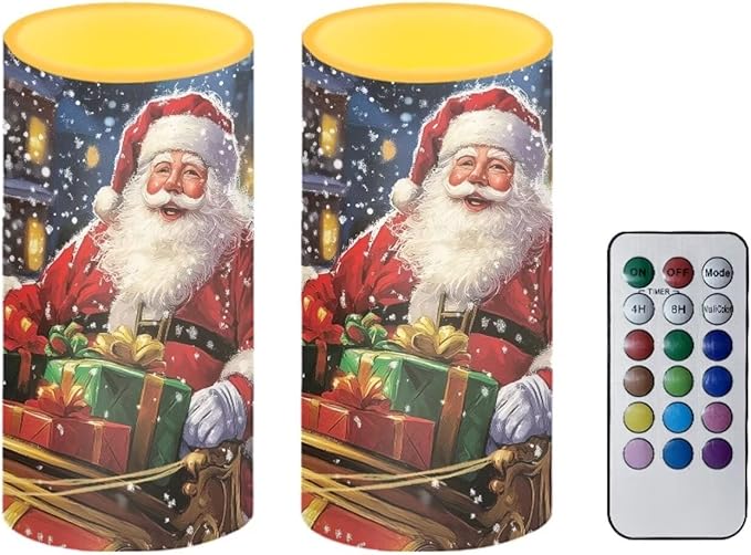 Santa Claus Flickering Flameless Candles Remote Control Candles Christmas Table Decorations for Dining Room Bedroom Home Indoor Table Festive Xmas LED Pillar Candles