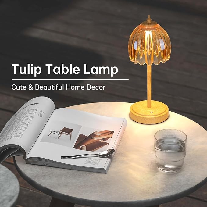 Tulip Table Lamp with 5200mAh Battery & Touch Control, Small Cordless Table Lamp with 3 Colors, Rechargeable Battery Operated Table Lamps for Bedroom, Desk, Bedside (Amber-Beech Color)
