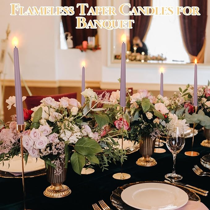 Macarrie 24 Packs Flameless Taper Candles Battery Operated Fake 11 Inch Long Candlelight LED Flameless Candlesticks Flickering Tapered for Spring Summer Wedding(Light Purple)