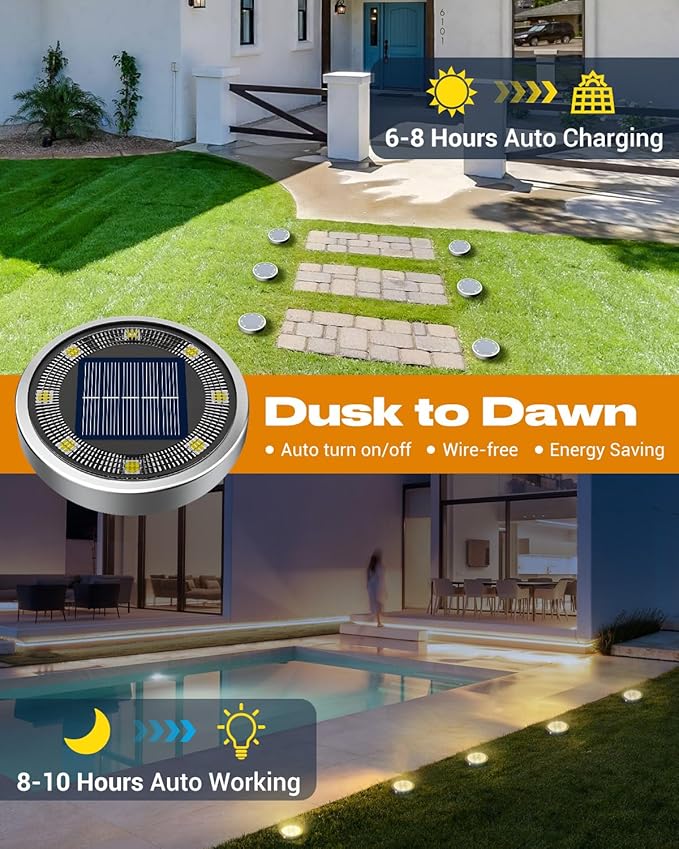 btfarm 1 Pack Solar Lights Outdoor, 8 LED Solar Ground Lights IP65 Waterproof Flat Solar Disc Light, Pathway Lights for Garden Lawn Patio Yard Path Landscape, Warm White