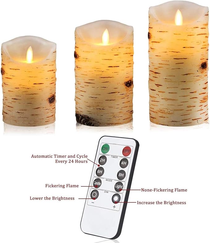 Birch Bark Effect Flameless Candles Battery Operated Pillar Real Wax Flickering Electric LED Candle Sets with Remote Control Cycling 24 Hours Timer, 4" 5" 6" Pack of 3