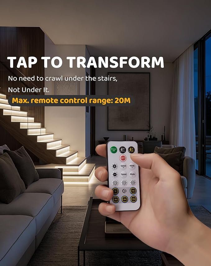 20-Step LED Stair Lights, 12V 6W 6500K Cool White Stair Lighting with Radar Motion & Daylight Sensors, Remote Control, Cuttable Every 1 Inch, Plug-and-Play Design,UL Listed