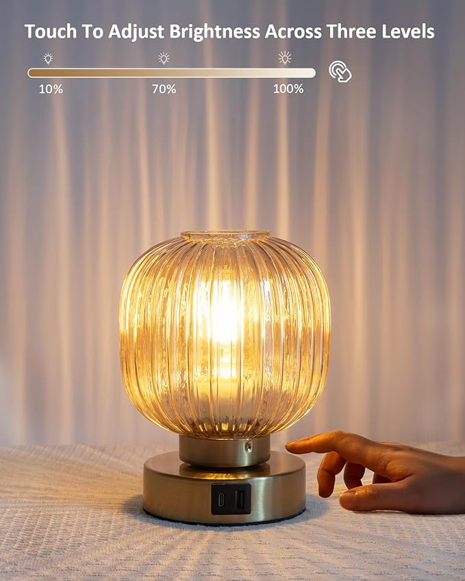 Touch Small Table Lamp,Elegant Gold Glass Bedside Lamp 3 Way Dimmable with USB C+A Charging Ports - Bedroom Nightstand & Living Room Essential, 4W Bulb Included (Gold)