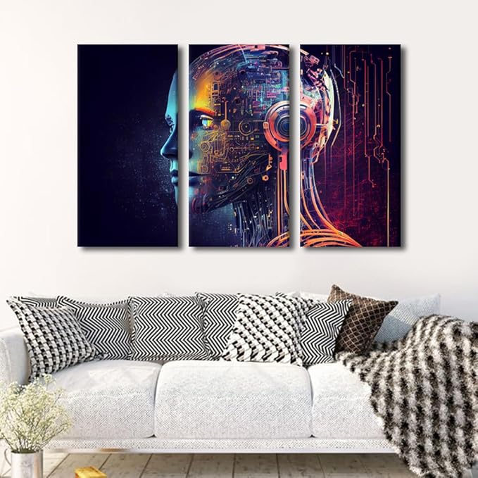 TUMOVO Artificial Intelligence Wall Art Neon Neural Network Canvas Printing Posters Futuristic Technology Artwork for Bedroom Living Room Decorations Framed Ready to Hang, 42" Wx28 H