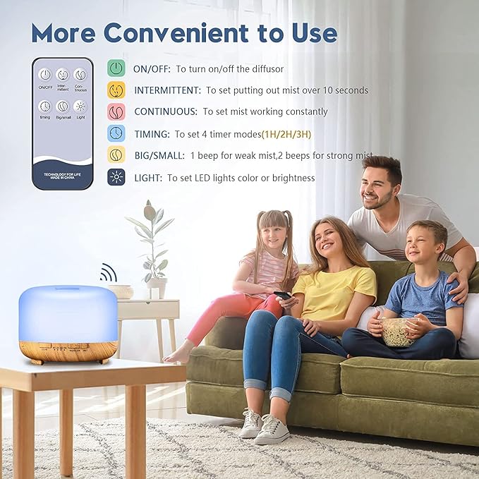Ultrasonic Essential Oil Diffuser: 500ml Aromatherapy Humidifier Remote Control Large Room - Fragrance Water Vaporizer Aroma Scent Air Mister with Light & Timer Bedroom Office, Black