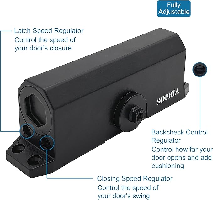 SOPHIA Commercial Door Closer Grade 2, Automatic Door Closer DK700 with Backcheck Function, Hydraulic Auto for Home & Light Commercial Property (Size 3), Matte Black