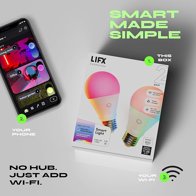 LIFX Everyday A19 Smart Light Bulbs 2 Pack, 800 Lumens RGB Color Changing LED Bulbs, 90+ CRI Tunable White, Dimmable Wi-Fi Smart Bulbs, Matter Compatible, Works with Alexa Google Apple Home