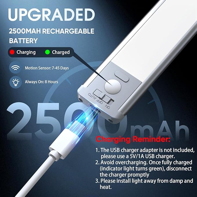 14.7inch Under Cabinet Lighting, 2 Pack Rechargeable Motion Sensor Light Indoor, 5 Levels Dimmable Magnetic Closet Lights, Wireless Under Counter Lights for Kitchen, Stairs,Hallway