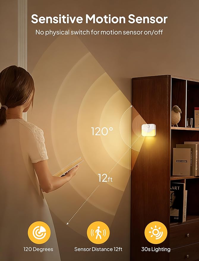 2 Pack Rechargeable Motion Sensor Stair Light for Indoor,Warm White LED Night Light,Wireless Stick on Anywhere Hallway Lamp,Motion Activated Lamps for Step, Cabinet, Hallway, Bathroom