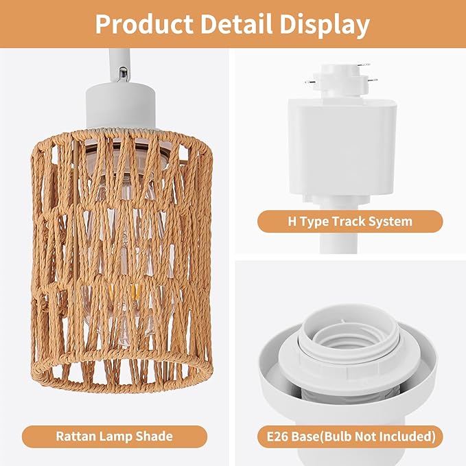 4-Pack H Track Lighting Heads, Rattan Track Light Heads Fixture for H Type Track Lighting Rail, E26 Flexible Track Light Ceiling Fixtures, Adjustable Modern Track Light for Kitchen, No Bulb