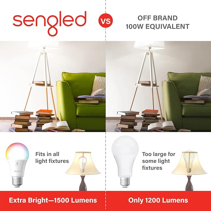 Sengled Alexa Light Bulb, 100 Watt Equivalent Bluetooth Mesh Color Changing Light Bulb, Smart Bulbs That Work with Alexa Only, Dimmable A19 E26 RGB Light Bulbs 1500LM, CRI>90, No Hub Required, 4 Pack