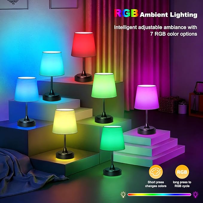 Small Cordless Table Lamp Rechargeable,5000mAh Battery Operated Desk Lamp,3 Colors & 7 RGB Stepless Dimmable,Touch Ambient Light for Bedside,Bedroom,Dining Room,Living Room,Black,WhiteShade