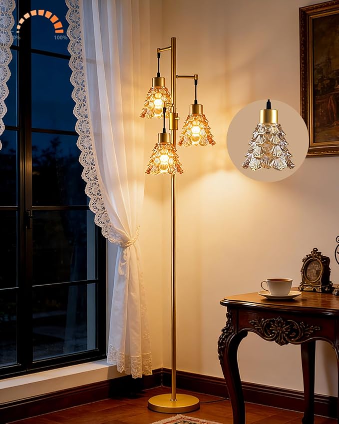 Glass Floor Lamps for Living Room, 67'' 3-Light Dimmable Floor Lamp with Brown Glass Shade& E12 Bulbs Included, Mid Century Standing Tall Lamp for Bedroom/Sofa Beside/Corner Decor-Gold