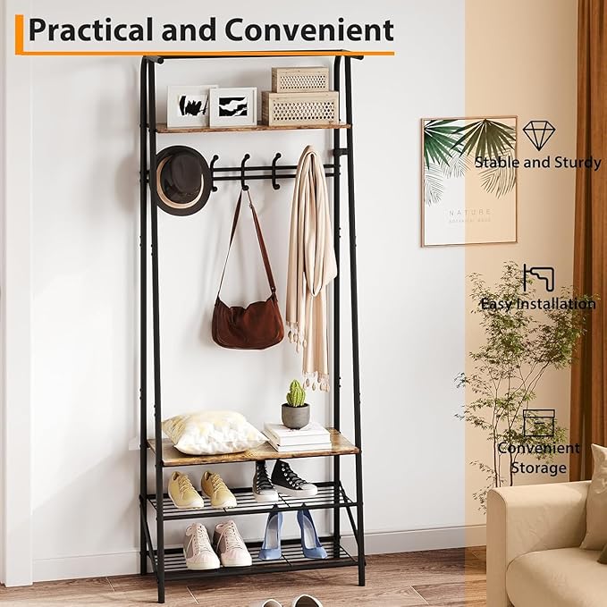 Hall Tree, Entryway Hall Tree with Shoe Rack, Coat Rack with Shoe Rack and Hooks, 25” Freestanding Metal Entryway Organizer with 4-Tier Storage Shelves for Hallway, Bathroom, Small Spaces