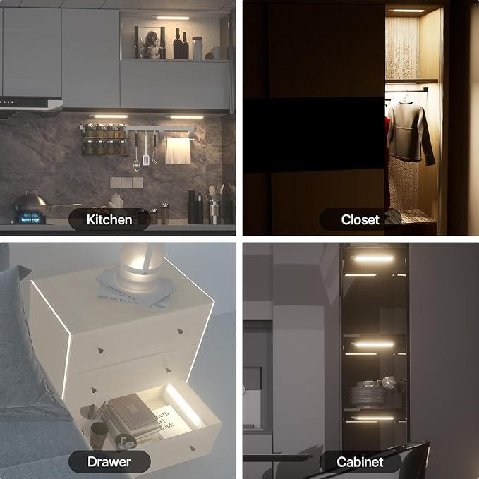 ORALUCE Under Cabinet Lighting Rechargeable Magnetic, 8inch LED Motion Sensor Light Indoor Battery Operated 3 Color Dimmable, Wireless Closet Lights for Kitchen Counter Stairs, 2 Pack