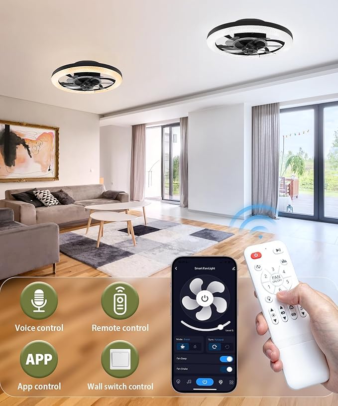2 in 1 Wifi RGB-LED 20” Ceiling Fans with Lights and Remote, 3000-6500K Dimmable Flush Mount Smart Low Profile Ceiling Fan with Lights, Bluetooth Bladeless Fans with APP, for Bedroom, Black