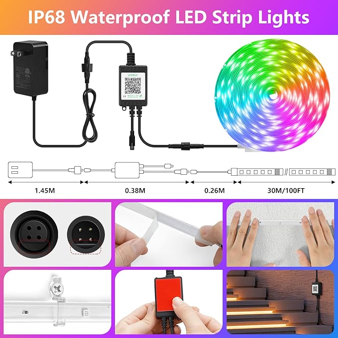 100Ft Outdoor LED Strip Lights, IP68 Waterproof RGB Color Changing LED Lights with IR Remote and APP, 24V Music Sync Light Strips, Flexible Outdoor LED Tape Lights for Garden Terrace-100Ft