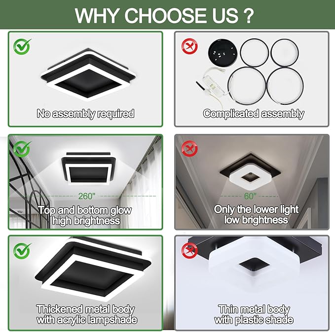 CANEOE 3 Packs Square Flush Mount Ceiling Light, 6000K Black Modern LED Ceiling Light Fixture, Minimalist Hallway Lighting Fixture Ceiling Lamp for Hallway Entryway Bedroom Balcony (All Black)