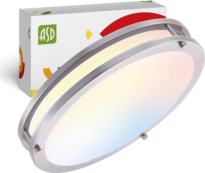 ASD LED 16" Round Flush Mount Lighting, Close to Ceiling Light Fixture | 3CCT, Dimmable, Energy Star, ETL Listed | 24W 2118LM 3000-5000K 100-277V | Low Profile Double Ring Lamp | Nickel