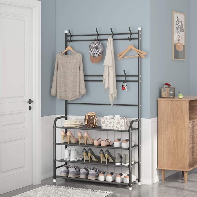 UDEAR Entryway Coat Rack,3-in-1 Hall Tree Multifunctional Storage Shelf with 4-Tier Shoe Bench and 8 Hooks,16-20 Pairs of Shoes,Easy Assembly,for Entrance Foyer Bedroom Barthroom,Black