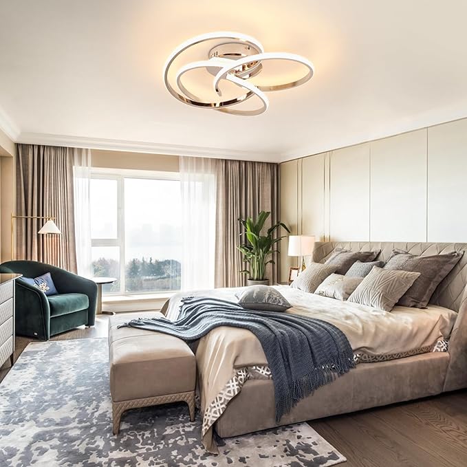 CANEOE Modern LED Ceiling Light Fixture, 42W Gold Dimmable Flush Mount Ceiling Light with Remote Control, Curve Design Close to Ceiling Lamp for Bedroom Living Dining Room Kitchen