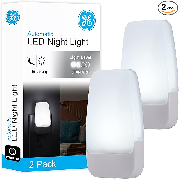 GE LED Night Lights Plug Into Wall, Dusk to Dawn Sensor, Ambient Lighting, Dorm Room Essentials, Bathroom Decor, Smart Home, for Bedroom, Cool White, 55991, 2 Pack