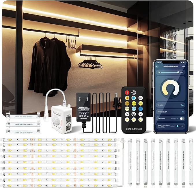 TJOY Motion Sensor LED Strip Lights, 10pcs Under Cabinet Lights Kit with App & RF Remote Control, 2700K 6500K Dimmable Under Cabinet Lighting for Kitchen,Counter,Shelf, Dusk to Dawn Night light 16.4ft