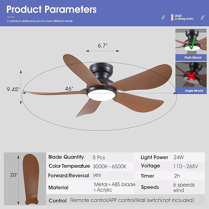 46 Inch Modern Ceiling Fans with Lights, Flush Mount Ceiling Fan, Remote/APP Control, 5 Reversible Curved Blades, 6 Speeds, 3 CCT Dimmable LED Lights for Bedroom Kids Room, Brown
