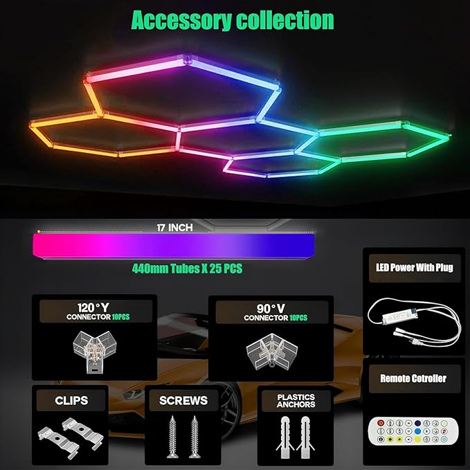 25Pack RGB 5 Hexagon LED Garage/Wall Lights, RGB 358 Kinds of Changes Dimmable Speed-Adjustable DIY Color-Changing Lights