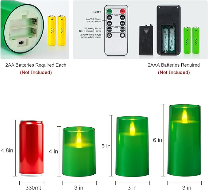 Raycare St. Patrick's Day Flameless Electronic Pillar Candles with Remote Control and Timer- Battery Operated Realistic Flickering LED Fake Candle for Home, Wedding Decor,Green,Set of 3(3"x4"5" 6")