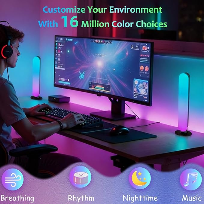 Smart RGB LED Light Bars for Gaming Desk & PC Monitor - 10 Inches Stereoscopic/Horizontal Placement, 16 Million Colors with Music Sync, Remote Control, 15 Modes, USB Powered TV Backlights