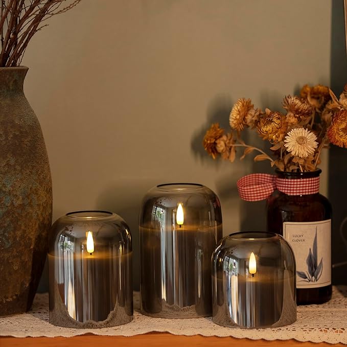 Gray Glass Flameless Candles Set of 3 (Φ 4" H 4" 5" 6") with Remote Battery Operated Flickering LED Pillar Candles Real Wax 3D Wick