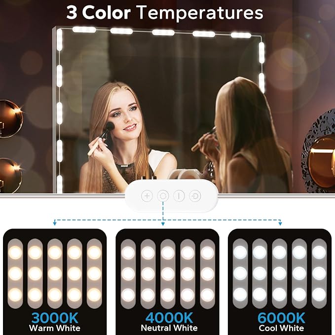 LED Vanity Lights for Mirror, 16ft Makeup Strip Light, 3000K 4000K 6000K & 10 Level Brightness Adjustable, USB Cable, Hollywood Mirror Light Stick-On for Makeup Dressing Room Bathroom Bedroom