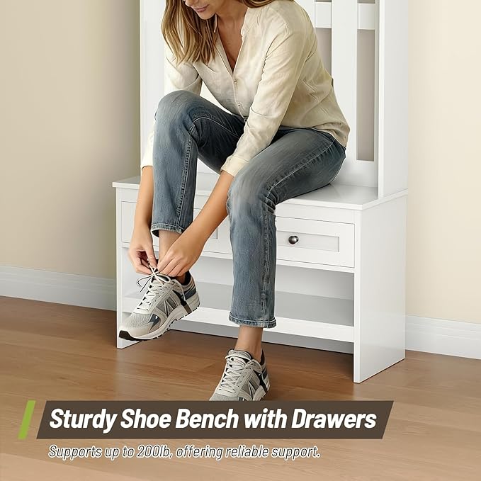 Hall Tree with Bench, Coat and Shoe Rack Entryway, Arched Entryway Organizer with 8 Hooks, Coat Rack with Shoe Bench and 2 Drawers for Hallway, Mudroom, Entryway, White