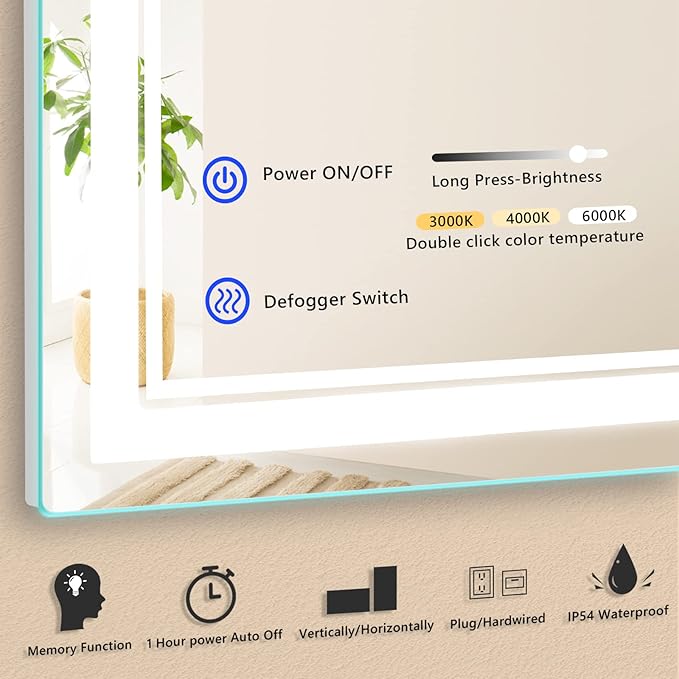 LED Lighted Mirror, 20x28 Inch Bathroom Vanity Mirror Wall Mounted with 3000K/4000K/6000K Adjustable, Anti-Fog, Smart Touch Button, Stepless Dimmable Makeup Mirror, Horizontal/Vertical