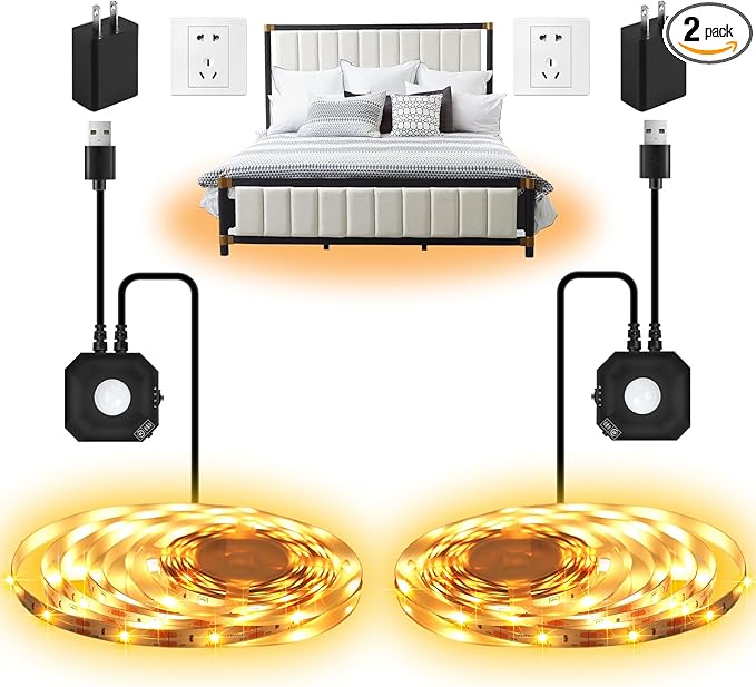 Motion Activated LED Strip Lights, 2x9.8Ft Warm White LED Strip Motion Sensor Under Bed Lights with Auto Shut-Off Timer, USB Powered Motion Sensor Light Strips Indoor for Bedside Cabinet Stair Closet