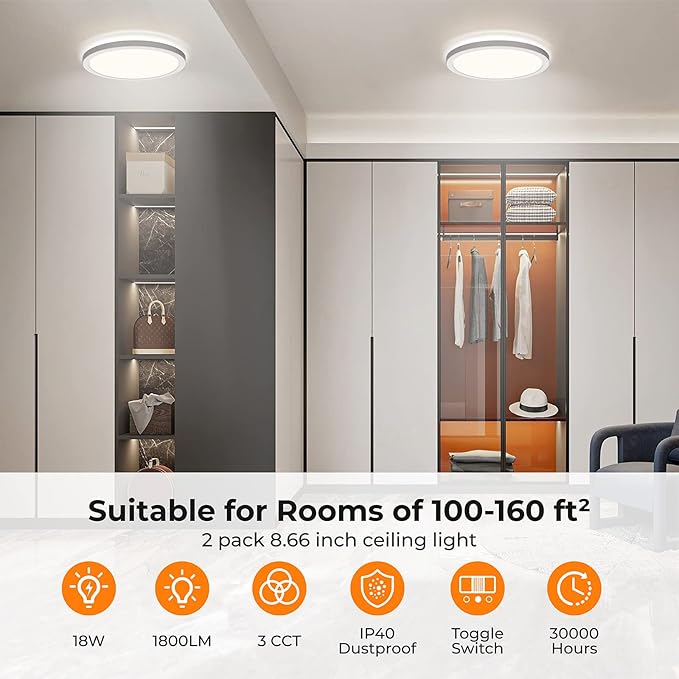 BLNAN LED Flush Mount Ceiling Light, 9 Inch 18W 3000K/4000K/5000K Hardwire Light Fixture, Ultra Thin Round White Lamp for Kitchen Porch Bedroom Hallway Stairwell Basement, Non-dimmable 2 Pack