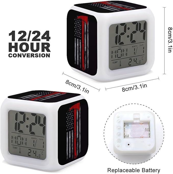 Firefighter Axe Red Line Flag Alarm Clock,Digital Temperature Display Color-Changing Alarm Clock LED Display Screen Mini Clocks for Office Living Room Bedroom