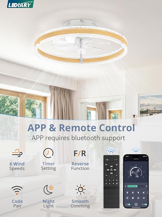 LEDIARY Ceiling Fans with Lights and Remote, 20'' Low Profile Ceiling Fan with Light, 3000-6000K Dimmable Fandelier Ceiling Fans, Modern Flush Mount Fan Light for Bedroom with 6 Wind Speeds-Wood Grain
