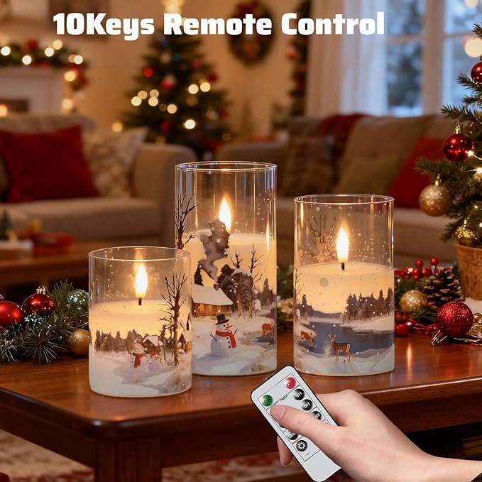 Wondise Chrismtas Snowman Glass Flameless Candles with Remote Timer, Battery Operated Real Wax 3D Wick LED Flickering Pillar Candles for Christmas Decoration Thanksgiving Holiday Gift