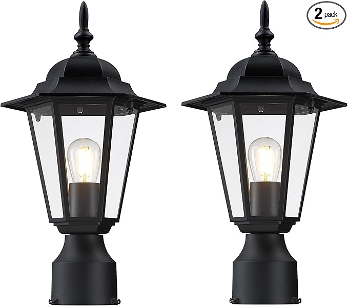 Outdoor Post Light, Pole Lantern, Waterproof Die-Cast Aluminum Pole Light Fixture with Glass, Exterior Post Lamp for Garden Yard Patio Pathway, Matte Black, 2-Pack