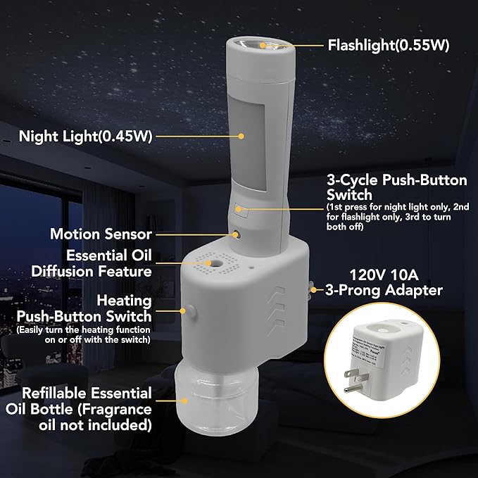 Aromatherapy Emergency Lights, Rechargeable LED Flashlight with Motion Sensor Night Light &Power Failure Light, Plug in Air Freshener Warmer for Bedroom Bathroom Hallway