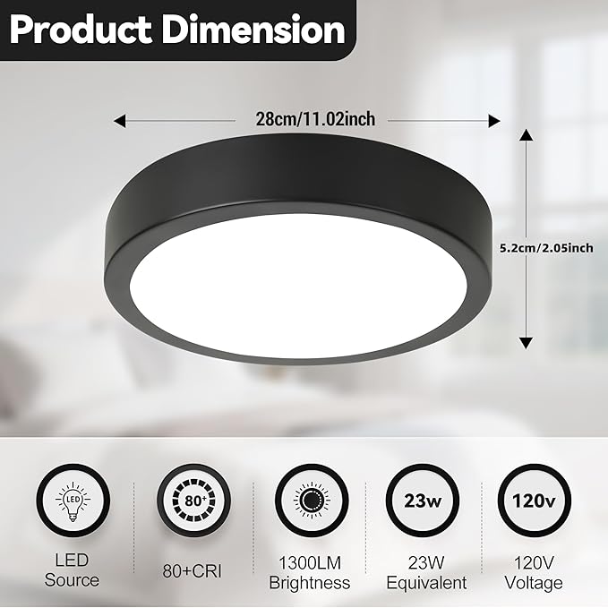 11" LED Flush Mount Ceiling Light, Black Mordern Ceiling Lighting with 5CCT 2700K-5000K, Dimmable LED Light Fixtures Ceiling Mount for Kitchen Bathroom Bedroom Hallway, 2 Packs