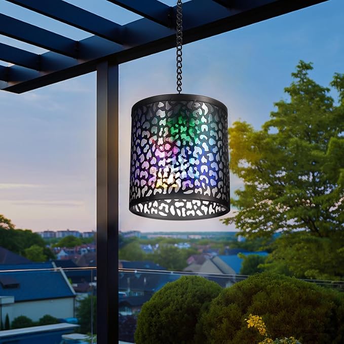 Hanging Solar Lights Outdoor Waterproof: RGB Hanging Lights with S Hooks Decor Iron Art Outdoor Solar Lantern in Garden, Pathway,Yard, Front Door and Landscape (1)
