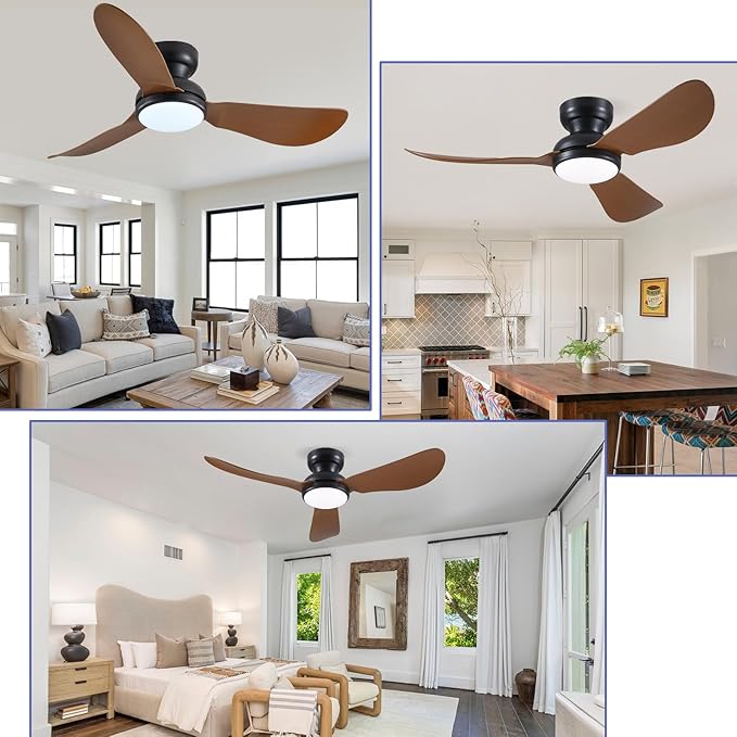 46 Inch Modern Ceiling Fans with Lights, Flush Mount Ceiling Fan, Remote/APP Control, 3 Reversible Curved Blades, 6 Speeds, 3 CCT Dimmable LED Lights for Living Room Bedroom, Brown