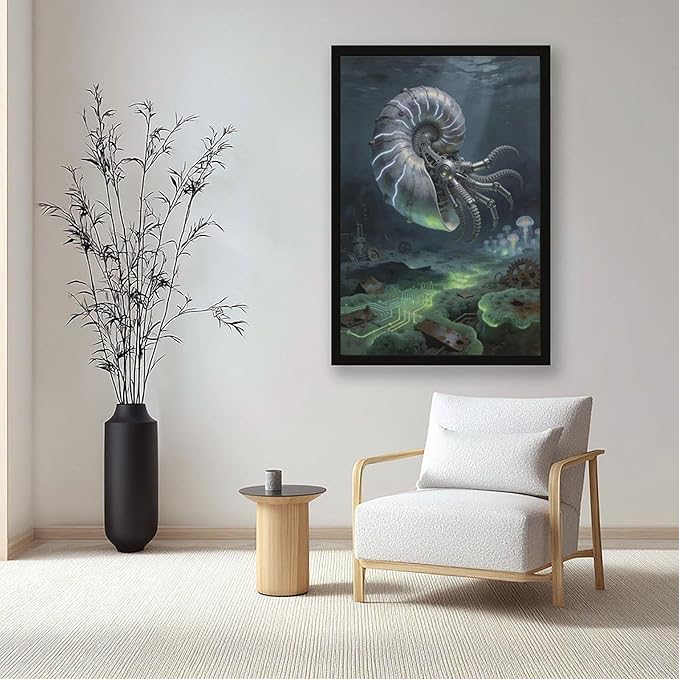 Framed Steampunk Mechanical Nautilus Wall Art - Underwater Industrial Poster for Man Cave Studio Decor 08x12in