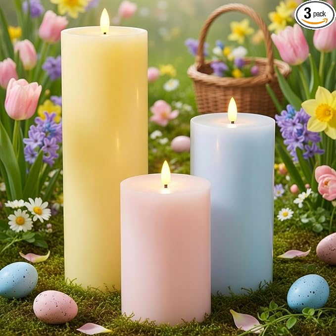 Retisee 3 Pcs Large Easter Flameless LED Candles with Remote Battery Operated Pillar Flickering Candle Light for Spring Indoor Outdoor Party Wedding Decor(6''/8''/12''x4'')