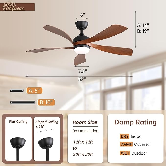Sofucor 52" Smart Ceiling Fan, Indoor/Outdoor Ceiling Fans with Lights and Remote, Compatible with Alexa/Google/App, 3-Color Light 6-Speed Timing Reversible DC Motor for Bedroom Living Room Patio