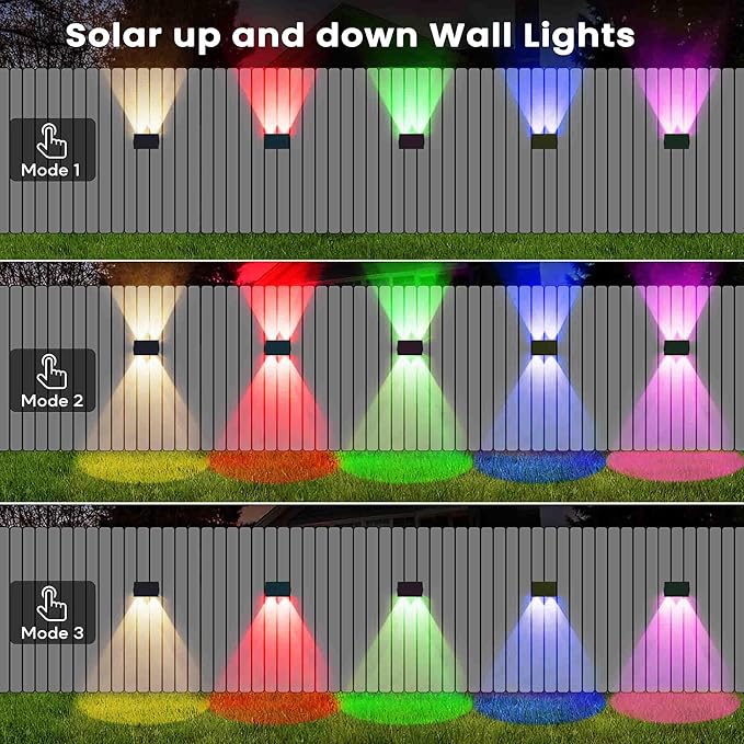 Fence Lights Solar Powered, 4-Pack Solar Fence Lights Up/Down Flexible Buttons, IP67 Waterproof for Outdoor, 100LM Bright, Auto Dusk to Dawn for Wall/Stairs/Yard/Railing/Deck/Pathway (White & RGB)